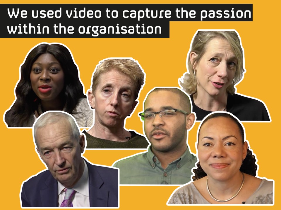 Collage of colleague faces. We used video to capture the passion within the organisation