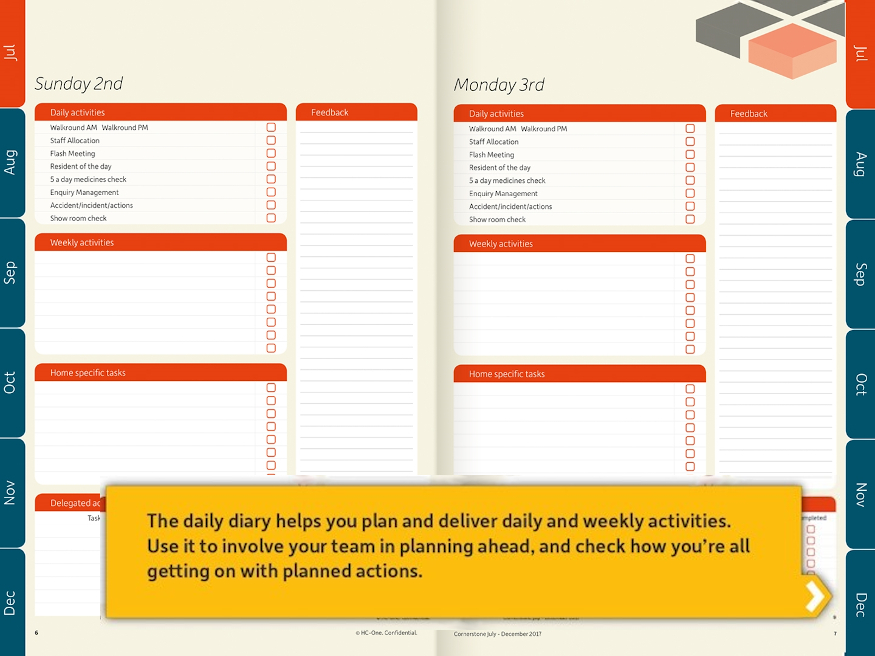 Pages of the daily diary for HC-One care home managers