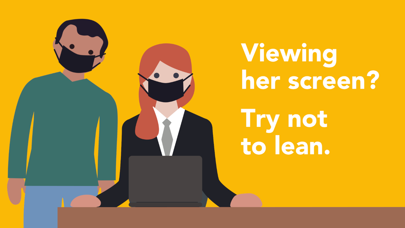 Co-op covid safety poster: Viewing her screen? Try not to lean.