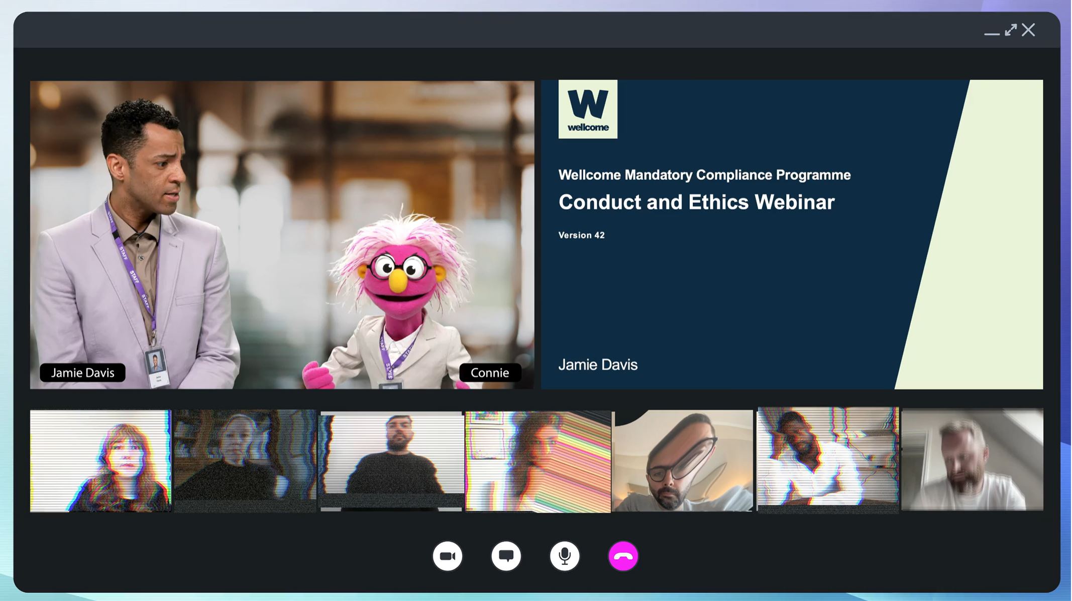 Webinar screen featuring Connie the puppet joining the presenter